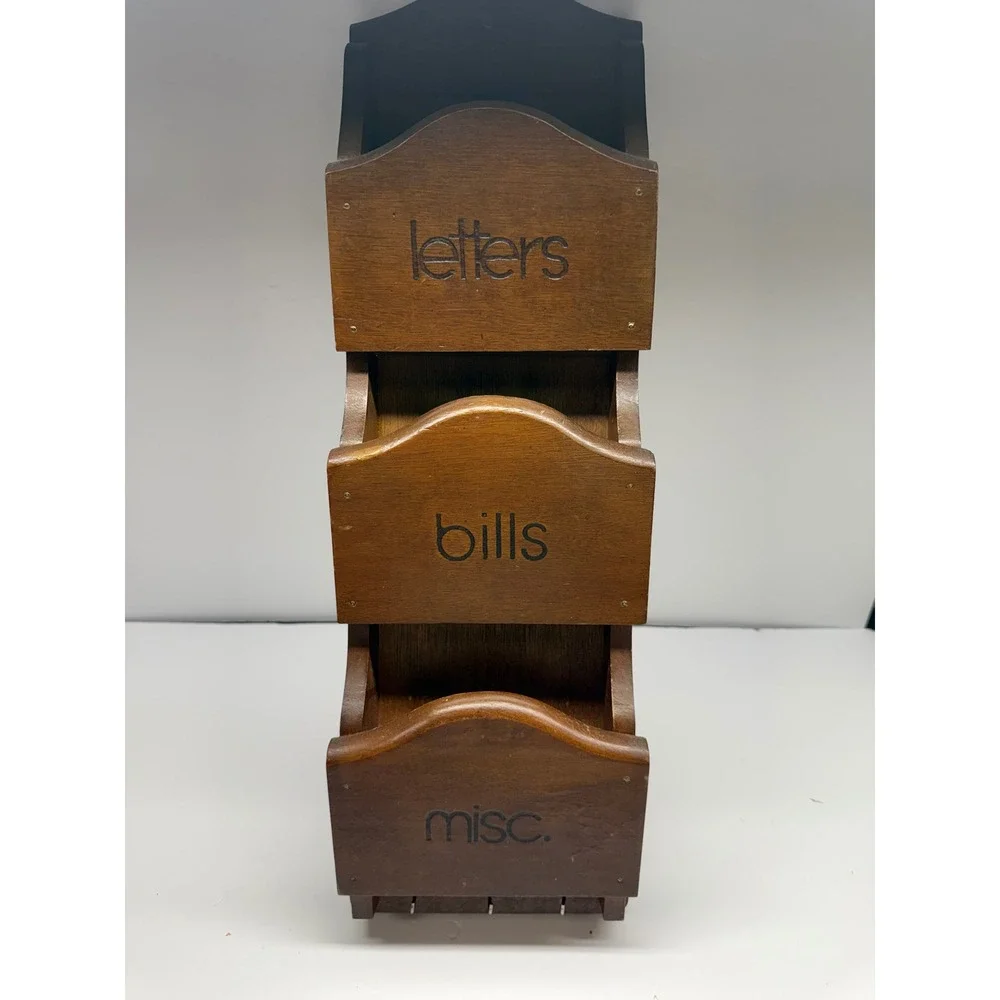 Vintage Wood Wall Mail Organizer 3 Tier Letter Bill Holder Key Hooks Brown